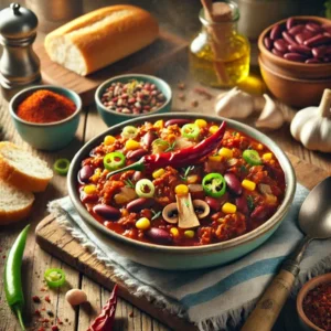 Een kom dampende chili met gehakt, maïs, paprika, champignons, prei en bruine bonen, geserveerd op een rustieke houten tafel. Ernaast stokbrood en een frisse salade. De setting is warm en huiselijk met vrolijke kleuren op de achtergrond, perfect voor een doordeweekse maaltijd.