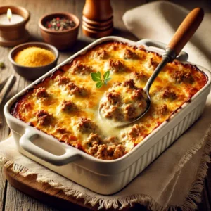--- **Snelle Ovenschotel met Gehakt en Champignonsoep** --- Ovenschaal gevuld met gekruid gehakt en romige champignonsoep, afgewerkt met een goudbruine laag gesmolten kaas. Geserveerd in een witte ovenschaal op een houten tafel, in een warme, huiselijke sfeer.