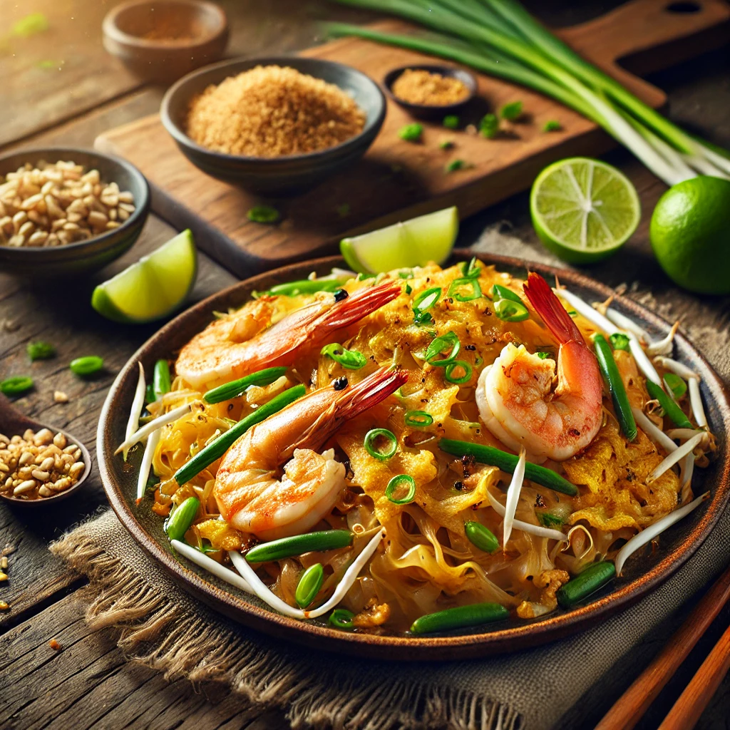 en smaakvolle Pad Thai met rijstnoedels, sappige garnalen, knapperige taugé en dunne omeletreepjes, overgoten met een rijke en hartige Thaise saus. Het gerecht is afgemaakt met gehakte pinda's, verse lente-ui en een partje limoen voor een frisse touch. In de achtergrond liggen extra taugé, een schaaltje pinda's en limoenpartjes op een houten snijplank. De warme, natuurlijke belichting benadrukt de levendige kleuren en authentieke smaken van dit heerlijke Thaise gerecht.