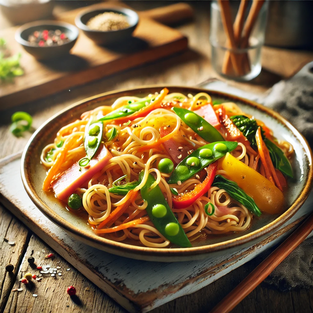 Roergebakken mie met kleurrijke groenten zoals paprika en peultjes, gemengd met dunne hamreepjes en gegarneerd met lente-ui en sesamzaad, geserveerd met eetstokjes op een rustieke houten tafel.