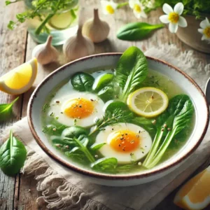 --- **Snelle Voorjaarssoep met Ei en Citroen** --- Heldere kippenbouillon met dunne sliertjes ei, knapperige slabladeren en een vleugje citroen en knoflook. Geserveerd in een wit keramisch soepbord op een houten tafel, met frisse lentekleuren op de achtergrond.