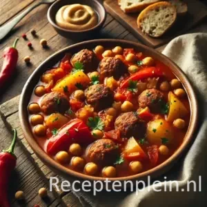 Een warme Spaanse stoofpot met gehaktballetjes in tomatensaus, geserveerd met paprika, kikkererwten en aardappel op een rustieke houten tafel, vergezeld van brood en aioli.