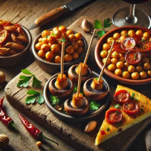 Een sfeervol Spaans tapas trio, geserveerd op een rustieke houten tafel. De tapas bestaan uit gemarineerde champignons op cocktailprikkers, een goudbruine kikkererwtentortilla in partjes en knapperige gebakken amandelen met stukjes chorizo. De champignons glanzen door een dressing van knoflook en citroen, bestrooid met verse peterselie. De tortilla is stevig en gevuld met kikkererwten en rode paprika. De amandelen zijn geroosterd met cayennepeper en zeezout, gecombineerd met rijke rode chorizoblokjes. De tapas worden gepresenteerd in kleine keramische schaaltjes op een houten serveerplank, met een glas Spaanse rode wijn op de achtergrond. Warm, zacht licht benadrukt de texturen en kleuren van de gerechten.