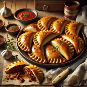 Goudbruin gebakken Spaanse gehaktflapjes met een glanzend korstje, gevuld met pittig gekruid gehakt, gepresenteerd op een rustieke houten tafel met een dipsausje, oregano en ingrediënten als paprika, ui en knoflook op de achtergrond.