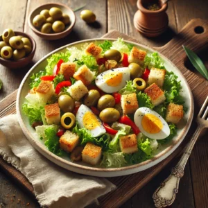 Een kleurrijke Spaanse salade met knapperige ijsbergsla, stukjes rode paprika, plakjes groene olijven en goudbruine croutons. Het geheel is afgemaakt met verkruimeld hardgekookt ei en een lichte vinaigrette dressing. De salade wordt geserveerd op een rustieke houten tafel, met een vintage vork en een linnen servet ernaast. Op de achtergrond staat een houten snijplank met extra croutons, verse olijven en een schaaltje vinaigrette. De warme, natuurlijke belichting benadrukt de frisse en levendige kleuren van dit zomerse gerecht.