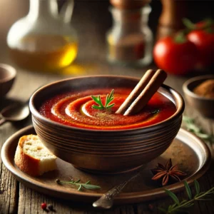 Fluweelzachte Spaanse tomatensoep met kaneel, geserveerd in een rustieke kom, gegarneerd met een kaneelstokje, verse kruiden en een scheutje olijfolie.