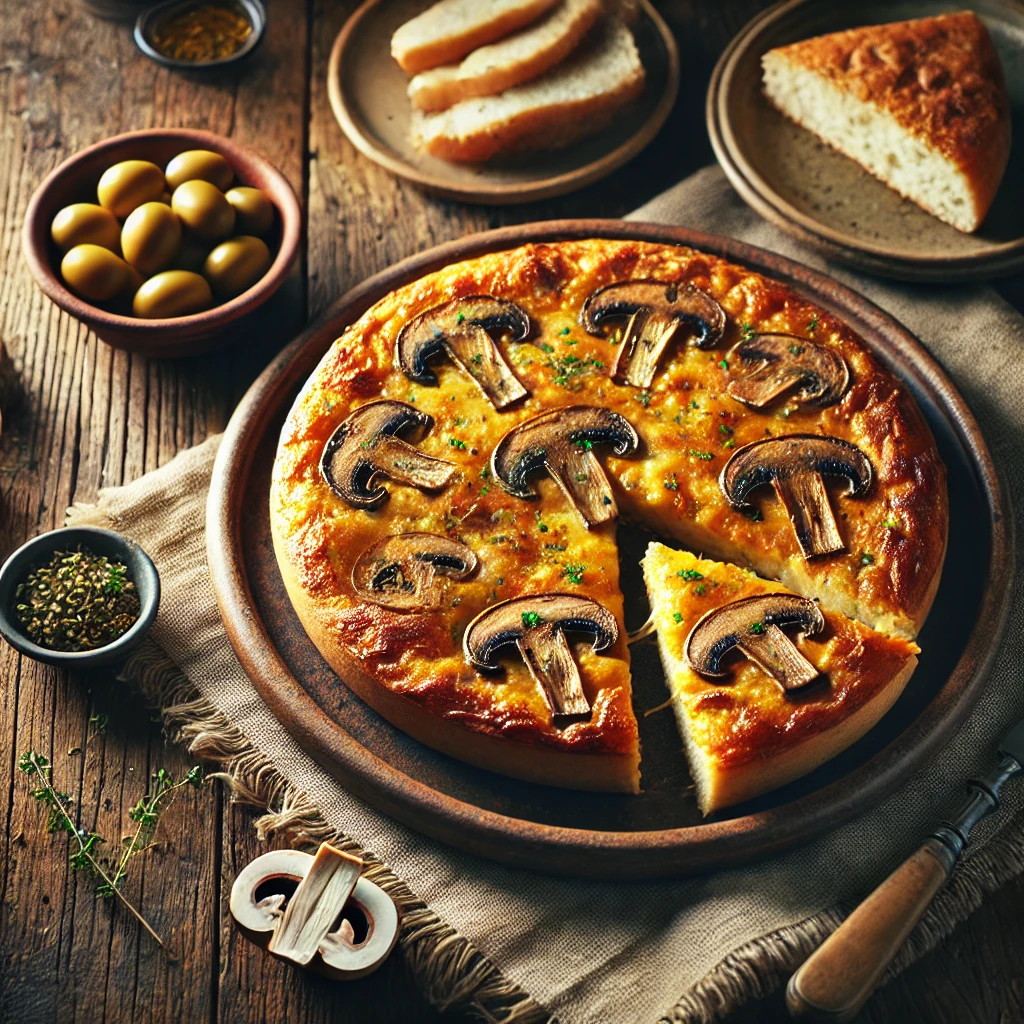 Een rustieke houten tafel met een vers bereide Spaanse tortilla met shiitake en gesmolten kaas, geserveerd op een keramisch bord. De tortilla is goudbruin, in partjes gesneden en gegarneerd met verse kruiden. Een schaaltje olijven en een stuk knapperig brood maken de setting compleet, wat een warme, uitnodigende Spaanse sfeer oproept.