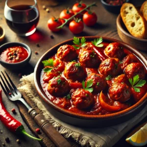 Spaanse gehaktballetjes in kruidige tomatensaus met sherry en Spaanse peper – een stoofschotel met gehakt en rijke gehaktsaus, geserveerd met peterselie en stokbrood als pittig tapasgerecht uit Spanje.