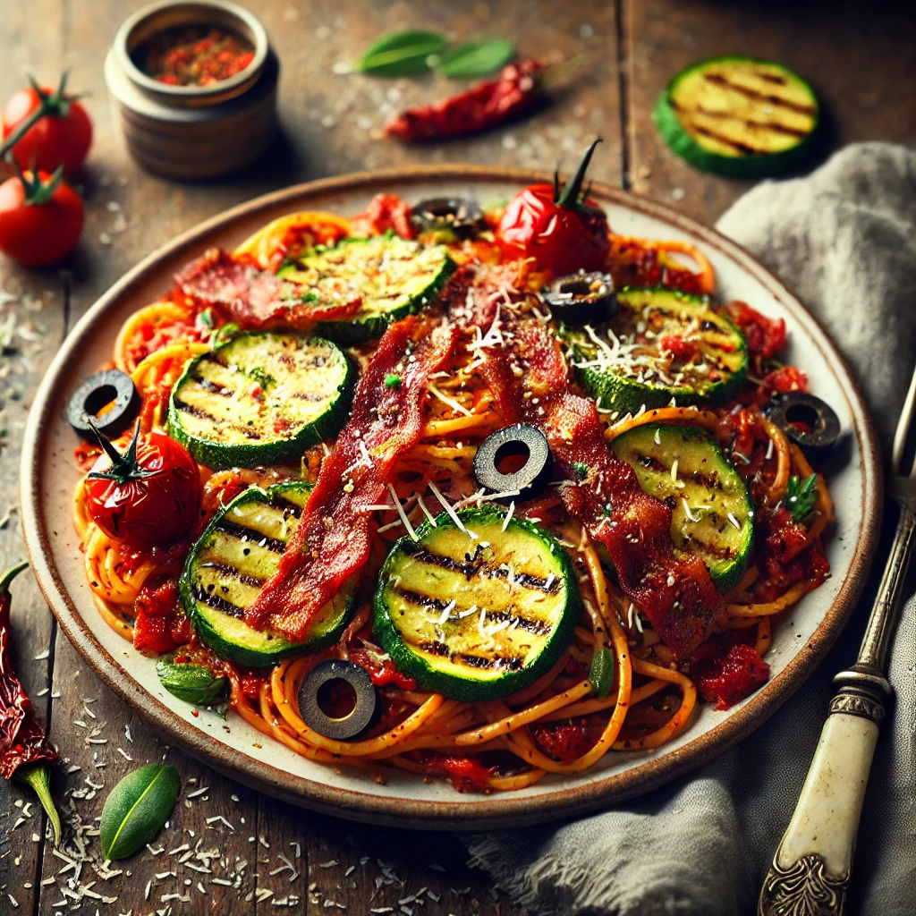 Een kleurrijk bord spaghetti met een romige, zelfgemaakte paprikapesto, gegrilde courgette en knapperig gebakken ontbijtspek. De pasta heeft een warme roodachtige tint door de pesto, terwijl de dunne plakjes courgette een frisgroen contrast geven. Krokante spekreepjes en zwarte olijven zorgen voor extra smaak en textuur. Het gerecht is afgemaakt met versgeraspte belegen kaas. Op de rustieke houten tafel ligt een vintage vork, een linnen servet en een klein schaaltje met extra pesto. Zachte natuurlijke verlichting benadrukt de rijke kleuren en structuren van het gerecht.