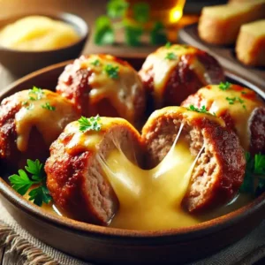 Goudbruine gehaktballen met een smeuïge, gesmolten kaasvulling die uit het midden zichtbaar is. Geserveerd in een keramische schaal, gegarneerd met verse peterselie, op een rustieke houten tafel en vastgelegd in scherp natuurlijk licht.