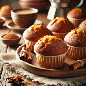 Goudbruine speculaas muffins met een licht gekruide smaak, bestoven met poedersuiker en geserveerd met kaneelstokjes op een rustieke houten tafel.