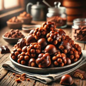 Heerlijke speculaasrotsjes met een krokante speculaasvulling en een glanzende chocoladelaag, geserveerd op een rustieke houten tafel met speculaaskruimels en chocoladestukjes.