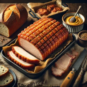 Goudbruin gebakken West-Brabants rugspek met knapperig zwoerd, in plakken gesneden en geserveerd met mosterd op brood van ongebuild tarwemeel, op een houten tafel.