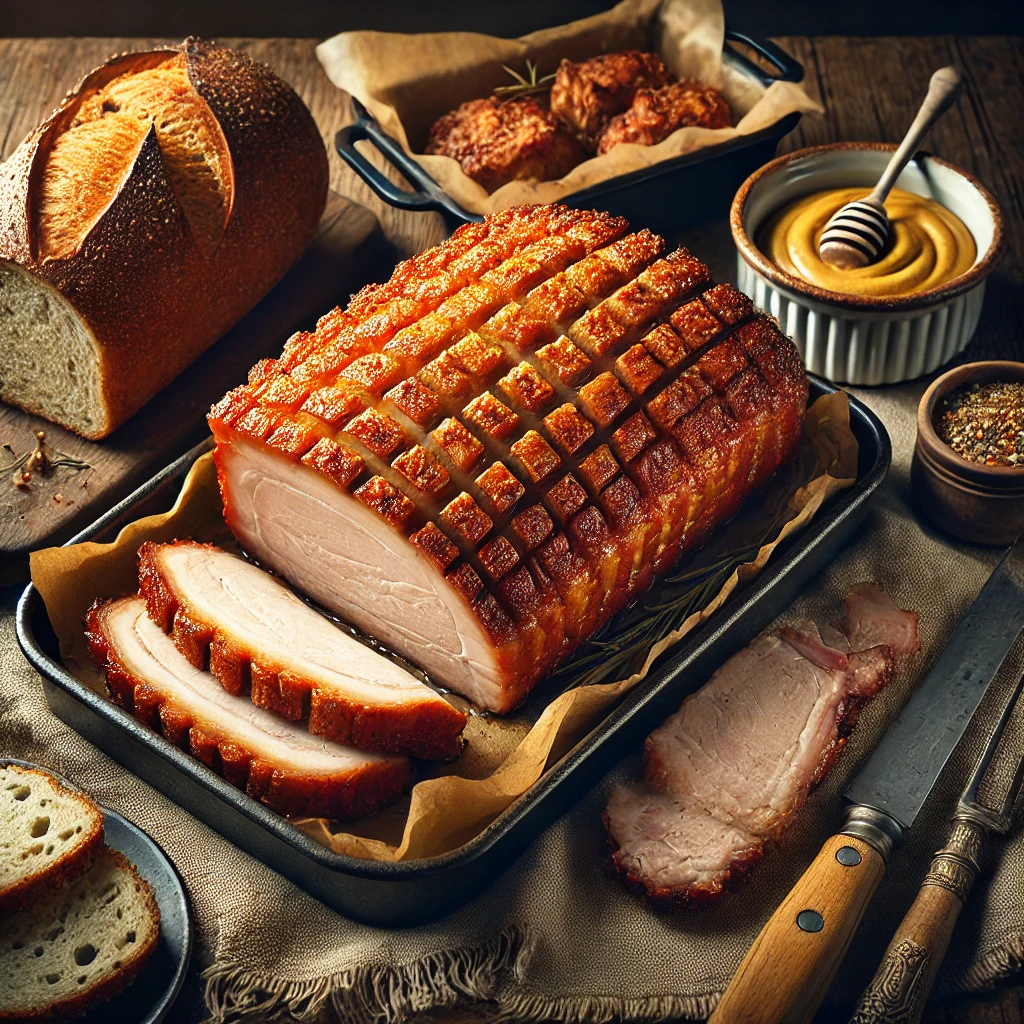 Goudbruin gebakken West-Brabants rugspek met knapperig zwoerd, in plakken gesneden en geserveerd met mosterd op brood van ongebuild tarwemeel, op een houten tafel.