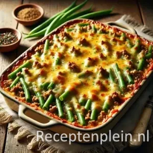 Ovenschotel met sperziebonen en gehakt onder een goudbruine laag gesmolten kaas op houten tafel.