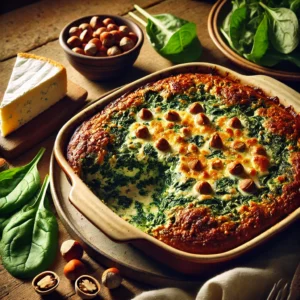 Een rustieke houten tafel met een versgebakken spinazie-ovenschotel, gevuld met rijst, geitenkaas en hazelnoten, geserveerd in een keramische ovenschaal. De bovenkant is goudbruin en knapperig. Ernaast liggen verse spinazieblaadjes, een schaaltje hazelnoten en een stuk zachte geitenkaas.