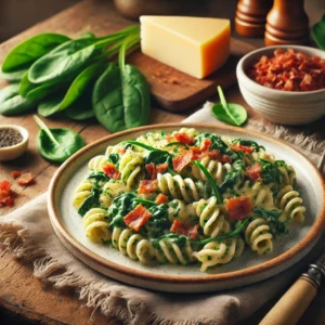 Een rustieke houten tafel met een bord spirelli pasta, overgoten met een romige spinaziesaus en krokant gebakken spekjes. Het gerecht is gegarneerd met verse spinazieblaadjes en een snufje zwarte peper. Ernaast liggen verse spinazie, een blok roomkaas en een schaaltje uitgebakken spekjes.