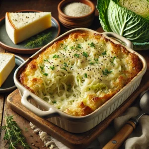 Een rustieke houten tafel met een romige spitskool-brie ovenschotel, gebakken in een keramische ovenschaal met lagen gesmolten brie, aardappelpuree en geroerbakte spitskool, bestrooid met sesamzaad. Ernaast liggen verse spitskoolblaadjes, een klein stukje brie en een houten lepel.