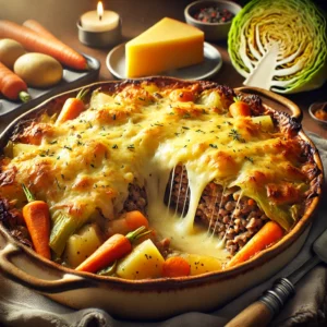 Ovenschotel met spitskool, wortel, aardappel en gehakt, afgewerkt met gesmolten Gruyère, geserveerd in een rustieke schaal op een houten tafel.