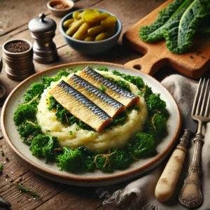 Een bord met romige boerenkoolstamppot, gemengd met fijngesneden augurk en geserveerd met stukjes sappige, goudbruine makreel. De stamppot heeft een rijke groene kleur en een smeuïge structuur. Naast het bord liggen een vintage vork en mes, samen met een linnen servet op een rustieke houten tafel. Op de achtergrond staat een houten snijplank met extra gerookte makreel, een schaaltje fijngesneden augurk en verse boerenkoolbladeren. De warme, natuurlijke belichting benadrukt de robuuste en hartige smaken van dit winterse gerecht.