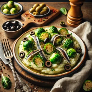 Een smeuïge stamppot van aardappelen en spruitjes, gemengd met plakjes groene en zwarte olijven voor een hartige twist. De stamppot is gegarneerd met delicate ansjovisfilets en een vleugje zwarte peper. Naast het bord liggen een vintage vork en mes, samen met een linnen servet op een rustieke houten tafel. Op de achtergrond staat een houten snijplank met extra spruitjes, een schaaltje olijven en een blikje ansjovis. De warme, natuurlijke belichting benadrukt de diepe smaken en rijke texturen van dit winterse gerecht.