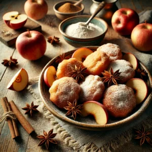 Een rustieke houten tafel met goudbruine appelbeignets, bestrooid met poedersuiker en doordrenkt met de warme geur van steranijs. Ernaast liggen verse appelschijfjes, hele steranijs, een schaaltje kaneelsuiker en een lichte bestuiving van bloem.
