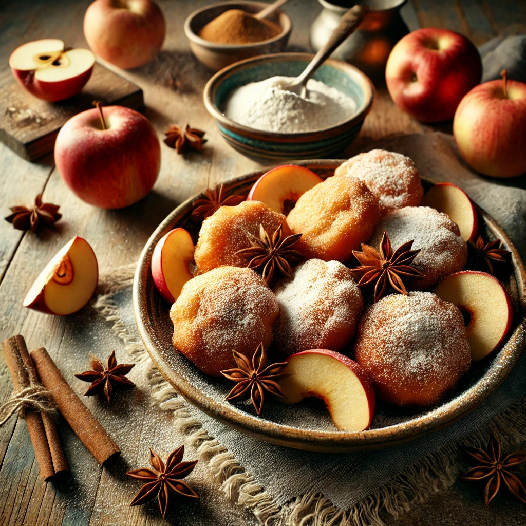 Een rustieke houten tafel met goudbruine appelbeignets, bestrooid met poedersuiker en doordrenkt met de warme geur van steranijs. Ernaast liggen verse appelschijfjes, hele steranijs, een schaaltje kaneelsuiker en een lichte bestuiving van bloem.