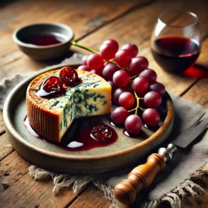 Een rustieke houten tafel met een bord Stilton kaas gemarineerd in rode port, vergezeld van een tros rode druiven en een glas port, sfeervol gepresenteerd.