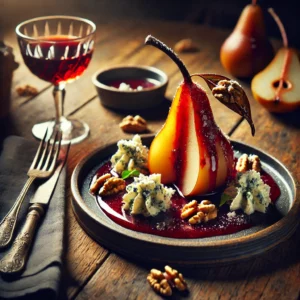 Een rustieke houten tafel met een prachtig gepresenteerd dessert van gestoofde peren in portsaus, gegarneerd met Blue Stilton en walnoten. De diepe rode saus is elegant over de peren gedruppeld, en een klein glas portwijn staat ernaast voor een verfijnde uitstraling.