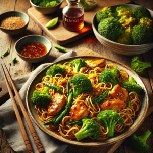 Een smaakvol Aziatisch wokgerecht met sappige kip, knapperige broccoli en perfect gewokte noedels, overgoten met een glanzende zoetzure saus. De topping van krokante seroendeng zorgt voor extra crunch en smaak. Het gerecht is geserveerd op een rustieke houten tafel, met een paar houten chopsticks en een linnen servet ernaast. Op de achtergrond staan extra broccoli, een fles zoetzure woksaus en een schaaltje seroendeng. De warme, natuurlijke belichting benadrukt de frisse ingrediënten en rijke texturen van dit heerlijke wokgerecht.