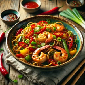 Een smaakvol wokgerecht met noedels in een glanzende sweet chili saus, gemengd met sappige garnalen, knapperige rode en gele paprika en dun gesneden prei. Fijngehakte lente-ui zorgt voor een frisse afwerking. Het gerecht wordt geserveerd in een rustieke keramische kom op een houten tafel, met een linnen servet, een paar chopsticks en een schaaltje extra sweet chili saus. Zachte natuurlijke verlichting benadrukt de levendige kleuren en rijke texturen van het gerecht.