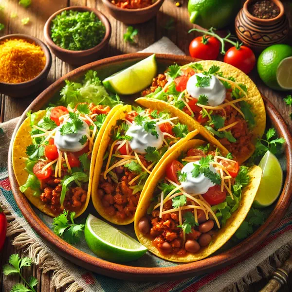 Knapperige tacoschelpen gevuld met gekruid gehakt en bruine bonen, afgetopt met sla, tomaat, geraspte kaas en een lepel zure room. Geserveerd met verse koriander en limoenpartjes op een keramisch bord in een kleurrijke, feestelijke setting.