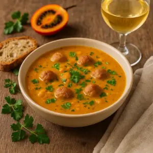 Een kom tamarillocrèmesoep met pompoen, gehaktballetjes en verse kruiden, geserveerd op een rustieke houten tafel met een glas chardonnay en brood ernaast.