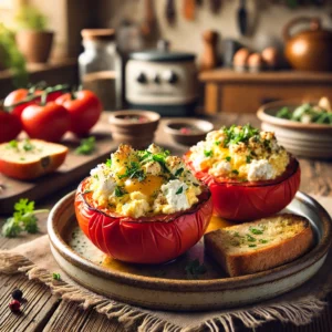 Een rustieke houten tafel met gebakken tomaten, gevuld met luchtig roerei en romige geitenkaas. De tomaten zijn gegarneerd met fijngehakte kruiden en versgemalen peper. Geserveerd op een keramisch bord met een sneetje geroosterd brood en een paar blaadjes sla. De achtergrond toont een knusse ontbijthoek met warme ochtendzon.