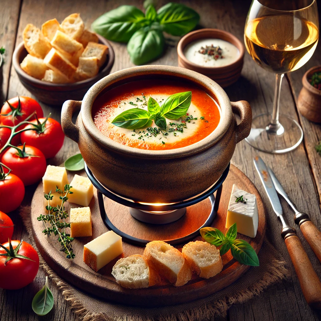 Een rustieke houten tafel met een klassieke tomaten-kaasfondue, geserveerd in een traditionele fonduepan. De fondue is romig en rijk van smaak, gemaakt met belegen kaas en verse tomaten, op smaak gebracht met basilicum en tijm. Ernaast liggen stukjes knapperig brood, verse basilicumblaadjes en een glas witte wijn.