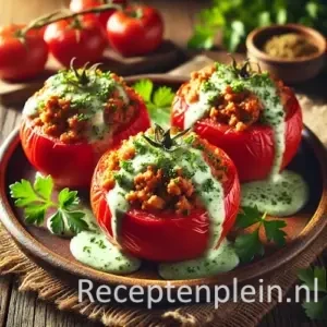 Gevulde tomaten met gehakt en romige kruidenroomsaus op rustiek bord met peterselie op houten tafel.