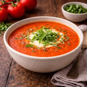 Romige tomaten-paprikasoep met basilicum en room