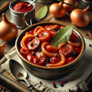 Stoofgerecht van blokjes varkensnier in dikke tomatensaus met ui, geserveerd in een rustieke kom op een houten tafel met warme, landelijke uitstraling.