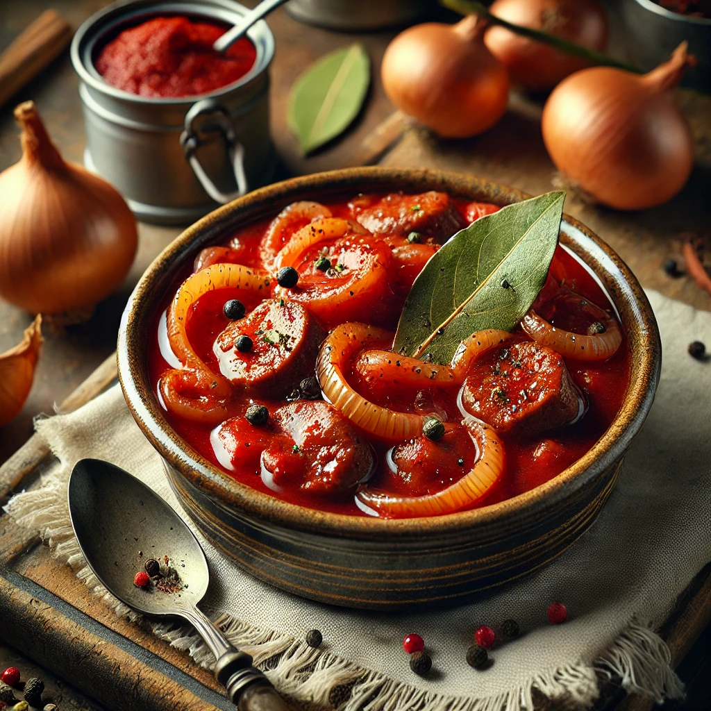 Stoofgerecht van blokjes varkensnier in dikke tomatensaus met ui, geserveerd in een rustieke kom op een houten tafel met warme, landelijke uitstraling.