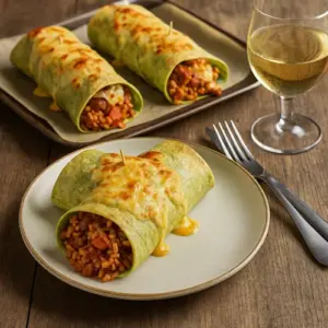 Een realistische foto van tortilla’s gevuld met gehakt, rijst, pesto en gesmolten kaas, goudbruin gebakken op een rustieke houten tafel met natuurlijke belichting, bestek en een glas erbij voor een sfeervolle presentatie.