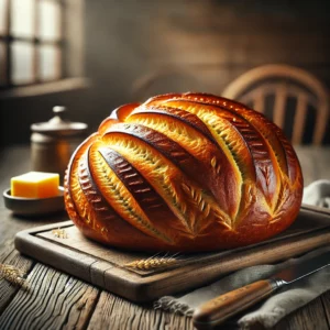 Traditioneel Nederlands Duivekater brood met een goudbruine, glanzende korst, kenmerkende decoratieve insnijdingen en gekrulde uiteinden, geserveerd op een rustieke houten tafel.