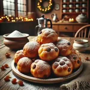 Een rustieke houten tafel met een schaal traditionele Nederlandse oliebollen, goudbruin en perfect rond, bestoven met poedersuiker. De oliebollen hebben een knapperige buitenkant en luchtige binnenkant, met zichtbaar rozijnen in sommige bollen. Geserveerd in een feestelijke setting met een extra schaaltje poedersuiker. De achtergrond toont een gezellige Nederlandse keuken met warme feestverlichting.