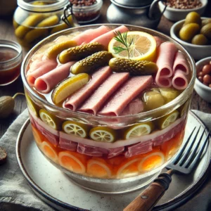 Glazen schaal met laagjes kalfsvlees, spek, augurk, zilveruitjes en citroen, overgoten met heldere bouillongelei, geserveerd als koude polderschotel op een houten tafel.