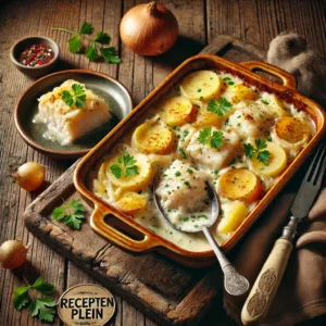 Een rustieke oude houten tafel met een traditionele Hollandse stokvisschotel in een keramische ovenschaal. De schotel bevat stukjes stokvis, aardappelen, uien en peterselie in een romige saus. Een portie is uitgeschept en ligt op een bord naast de schaal. Onderaan in de afbeelding is duidelijk 'Receptenplein.nl' zichtbaar.
