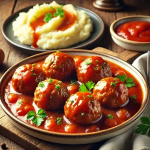 Vier grote gehaktballen in een glanzende tomatenjus, geserveerd in een keramische schaal en afgewerkt met verse peterselie. Ernaast een bord romige aardappelpuree, geplaatst op een duidelijk zichtbare rustieke houten tafel, vastgelegd in scherp en natuurlijk licht voor een warme, huiselijke sfeer.