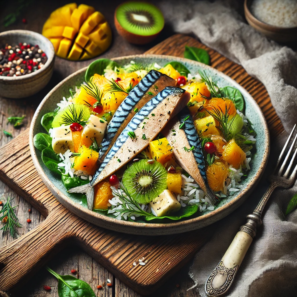 Een frisse tropische salade met gerookte makreelfilet, rijst en kleurrijke stukjes mango, kiwi, banaan en sinaasappel, geserveerd op een bedje van wilde spinazie. De salade is afgemaakt met fijngehakte bieslook, dille en peterselie voor extra smaak. Naast het bord ligt een vintage vork en een linnen servet op een rustieke houten tafel. Op de achtergrond staat een houten snijplank met extra fruit, verse kruiden en een kommetje rijst. De warme, natuurlijke belichting benadrukt de levendige kleuren en frisse texturen van dit exotische gerecht.