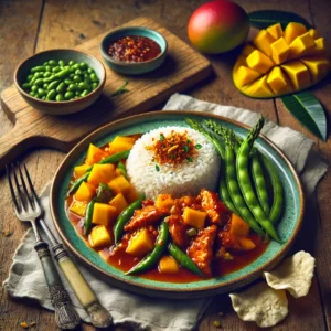 Een kleurrijke tropische rijstschotel met malse kip in een zoetzure Ajam Paniki saus, gecombineerd met sappige mangostukjes. Daarnaast knapperige Sajoer Boontjes in een kruidige saus en gestoomde witte rijst, perfect om de smaken te absorberen. Het gerecht is gegarneerd met krokante kroepoek en een klein lepeltje sambal voor extra pit. Op de achtergrond een houten snijplank met verse mango, sperziebonen en een schaaltje sambal. De warme, natuurlijke belichting benadrukt de exotische smaken en rijke texturen van dit heerlijke Indonesische gerecht.