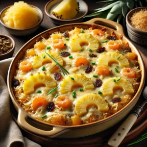 Ovenschotel met laagjes rijst, zuurkool, gehakt, ananas, mandarijn en rozijnen, overgoten met kaassaus en gegratineerde kaas, gegarneerd met ananasschijven en bieslook op een houten tafel.