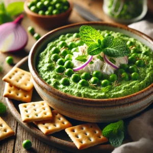 Frisse tuinerwtjesdip met munt en verkruimelde geitenkaas, geserveerd met knapperige Italiaanse crackers en rode ui op een rustieke houten tafel.