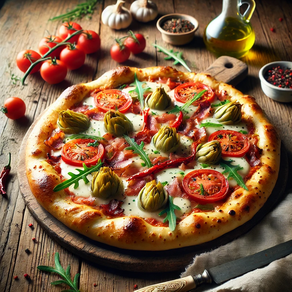 Een versgebakken Turkse broodpizza met gesmolten mozzarella, knapperig ontbijtspek en verse groenten. De krokante pide is royaal belegd met tomaten, gemarineerde artisjokken, dunne ringen paprika en een frisse topping van rucola. De pizza wordt geserveerd op een rustieke houten tafel, met een linnen servet, een vintage mes en een klein schaaltje extra olijfolie. Zachte natuurlijke verlichting benadrukt de rijke kleuren en smaken van het gerecht.